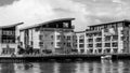 Black and White Image Development Of Luxury Riverside Apartments Or Flats On The River Thames