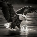 Black and White Eagle catching a fish. AI Generated