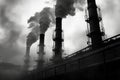 black and white image of factory chimneys with smoke, showcasing industrial aesthetics