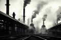 black and white image of factory chimneys with smoke, showcasing industrial aesthetics