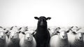 Black and white image of a flock of sheep on a white background Generative AI