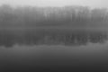Black and white image of fog covering lake and trees Royalty Free Stock Photo
