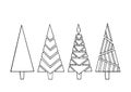 Black and white image of four Christmas trees drawn in a line