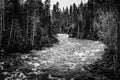 Black and white image of the Grass river in northern Manitoba Canada with white water rapids