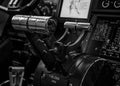 Black and white image of a helicopter cockpit, featuring a variety of electronic instruments Royalty Free Stock Photo