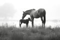 black and white image of horse nuzzling foal in misty meadow