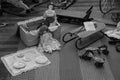 Black and white image of children`s items inside historic landmark, Starr Clark Tin Shop, Mexico, New York, 2016