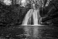 Black and white image of Janet`s Foss at Malham in the Yorkshire Dales, taken on a long exposure to smooth out the water, taken Royalty Free Stock Photo