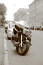 Motorcycle Honda Valkyrie parked on the street, black and white photo