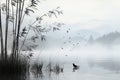 Black and white image of a landscape: birds, bamboo trees on a lake, soft fog, wildlife. Royalty Free Stock Photo