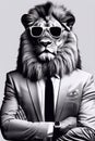 Black and white image of a lion in a suit wearing sunglasses standing with arms crossed. Royalty Free Stock Photo