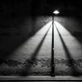 A black-and-white image of a lone street lamp casting light on a textured, weathered Royalty Free Stock Photo