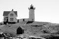 Black and white image of Maine`s beloved Nubble Lighthouse, York, 2018