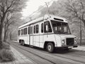 black and white image of a van on wheels, a bus, standing on road in a park Royalty Free Stock Photo