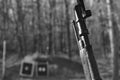 Black and White Mosin Nagant Wood Gun Rifle Stock with Bayonet and Targets in the Background Royalty Free Stock Photo