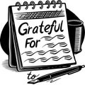 A notebook with the words grateful for and a pen next to a can in black and white Royalty Free Stock Photo