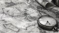 A black and white image of an old map with a compass on top of it Royalty Free Stock Photo