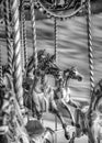 Black And White Image Of Old Steam Carousel Horses