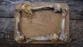 A gnawed bone in the form of a frame on a wooden boar Royalty Free Stock Photo