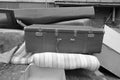 Black and white image of old suitcase and mattress Royalty Free Stock Photo