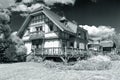 .Black and white image of an old wooden house in the forest and a backyard garden Royalty Free Stock Photo