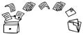 Black-and-white image of an open folder and a briefcase with documents, different documents fly to the folder from the briefcase,