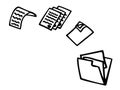 Black and white image of an open folder and documents, different documents are flying into the folder, vector image
