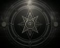 a black and white image of a pentagram on a dark background