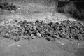 Black and White Image of Pile Of Rocks I.E. Lithium Mining And Natural Resources Like Limestone Mining In Quarry. Natural Zeolite Royalty Free Stock Photo