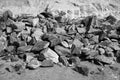 Black and White Image of Pile Of Rocks I.E. Lithium Mining And Natural Resources Like Limestone Mining In Quarry. Natural Zeolite Royalty Free Stock Photo