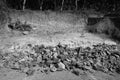 Black and White Image of Pile Of Rocks I.E. Lithium Mining And Natural Resources Like Limestone Mining In Quarry. Natural Zeolite Royalty Free Stock Photo