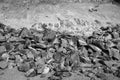 Black and White Image of Pile Of Rocks I.E. Lithium Mining And Natural Resources Like Limestone Mining In Quarry. Natural Zeolite Royalty Free Stock Photo