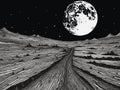 A Black And White Image Of A Road Leading To A Large Moon - View of the rising Earth seen from the Moon Royalty Free Stock Photo