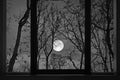 Romantic full moon in the window view of house in the forest