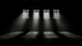 A black and white image of a room with four windows and a floor. Royalty Free Stock Photo