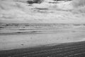 Black and White image seascape view of sand beach and sea wave background in rainy day. Royalty Free Stock Photo