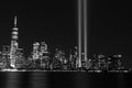 Black and White Photo of the September 11 Tribute In Light Art Installation in the Lower Manhattan New York City Skyline at Night