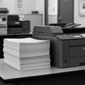 A black-and-white image showcasing a stack of white paper beside a multifunction