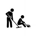 Black and White Vector Illustration of Two People Cleaning the Floor with a Mop and Hand Tool on a White Background Royalty Free Stock Photo