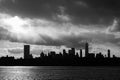 Black and White Lower Manhattan Skyline on the East River in New York City during Sunset with Skyscraper Silhouettes Royalty Free Stock Photo