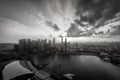 Black and white image of Singapore Skyline and view of skyscrapers on Marina Bay at sunset