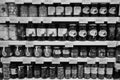 Black and White Image of Traditional Turkish Pickles Of Various Fruits And Vegetables. Jars Of Salted Pickles On A Shelf. Beetroot Royalty Free Stock Photo