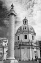 Black and white image of Trajan s column and church Santa Maria di Loreto, Rome Royalty Free Stock Photo