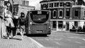 Black and White Image Tree Anonymous Girls Or women Walking Together On The sidewalk To Catch A Bus