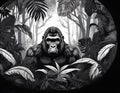 A black and white image of a vibrant jungle. In the centre of the picture is a transparent Gorilla - generated by ai Royalty Free Stock Photo