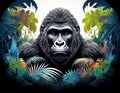A black and white image of a vibrant jungle. In the centre of the picture is a transparent Gorilla - generated by ai Royalty Free Stock Photo
