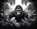 A black and white image of a vibrant jungle. In the centre of the picture is a transparent Gorilla - generated by ai Royalty Free Stock Photo