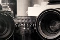 Black and white image of vintage cameras and lenses Royalty Free Stock Photo