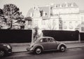 Black and white image of a vintage Volkswagen Beetle car on the Royalty Free Stock Photo