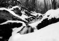 Black and white image of a waterfall in the snow Royalty Free Stock Photo